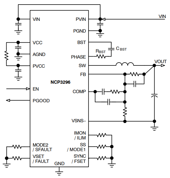 Schéma du circuit d'application - onsemi Régulateur Buck synchrone empilable NCP3296